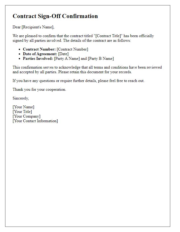 Letter template of contract sign-off confirmation for parties involved.