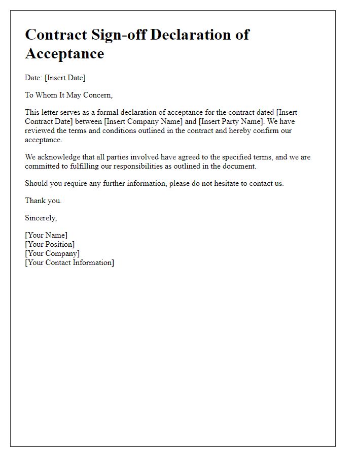 Letter template of contract sign-off declaration of acceptance.