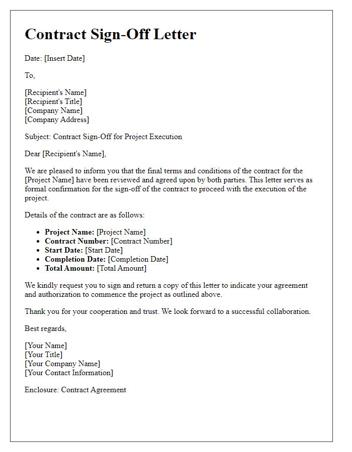 Letter template of contract sign-off finalization for project execution.