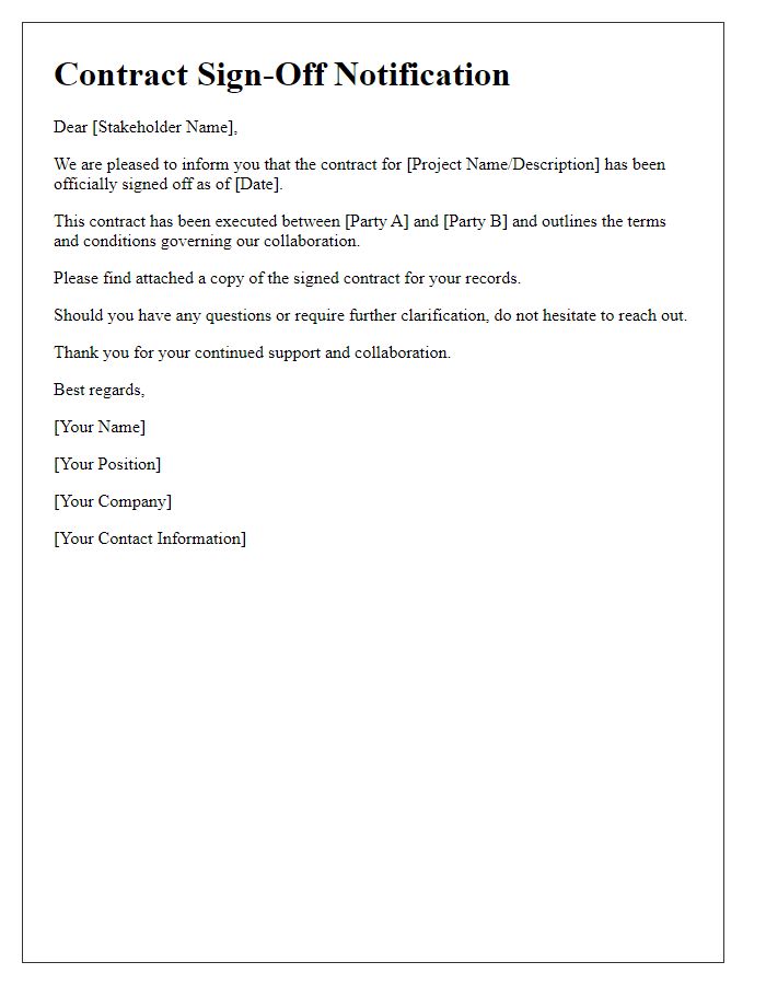 Letter template of contract sign-off notification to stakeholders.