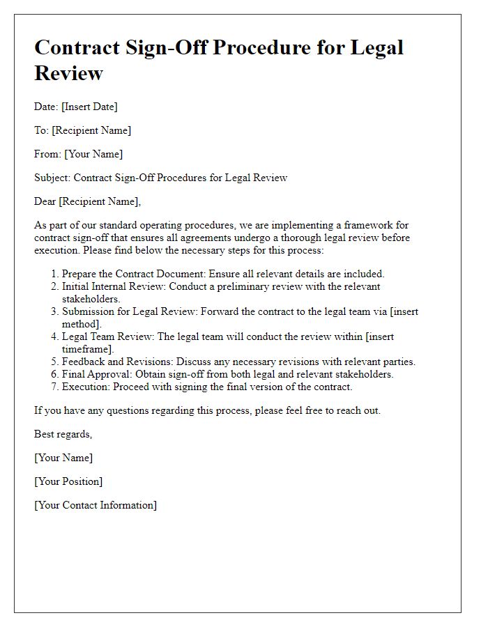 Letter template of contract sign-off procedures for legal review.