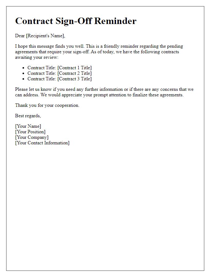 Letter template of contract sign-off reminder for pending agreements.