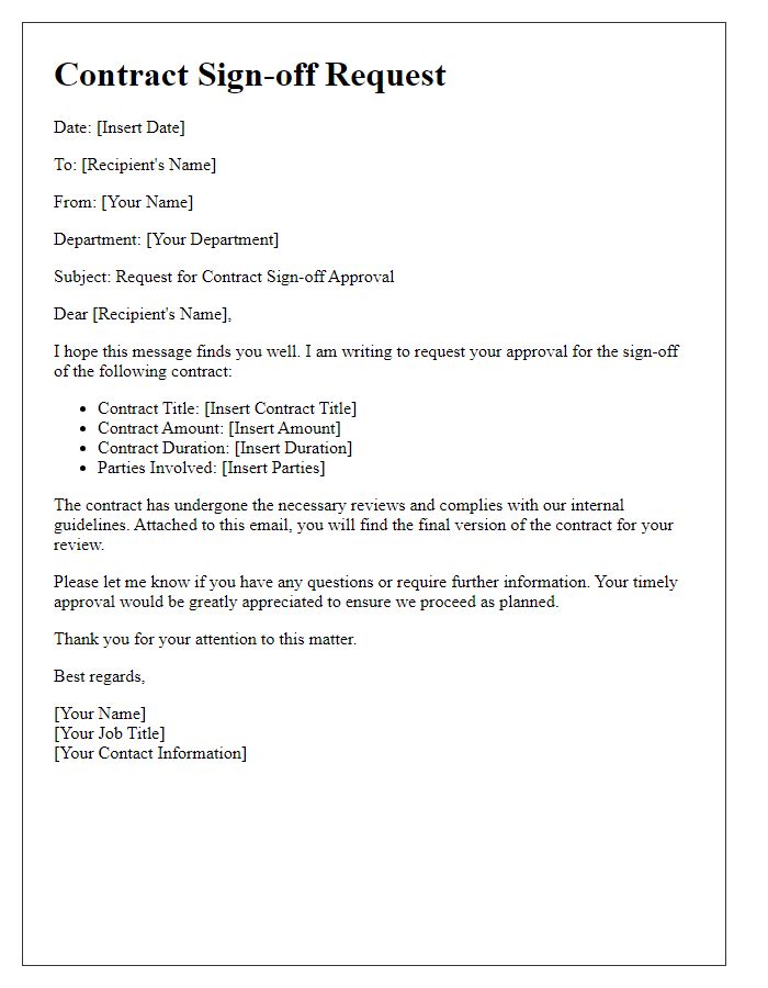 Letter template of contract sign-off request for internal approval.