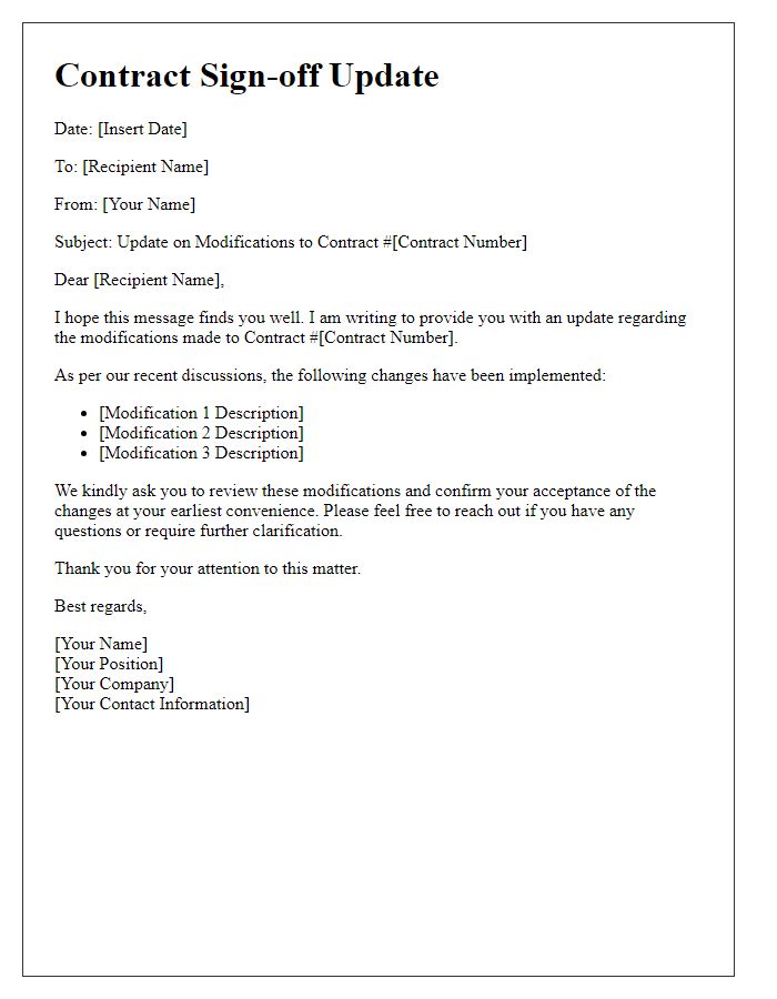 Letter template of contract sign-off update on modifications made.