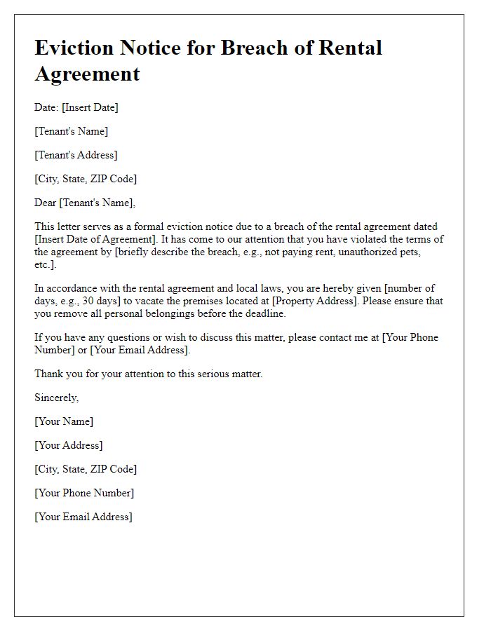 Letter template of eviction letter for breach of rental agreement