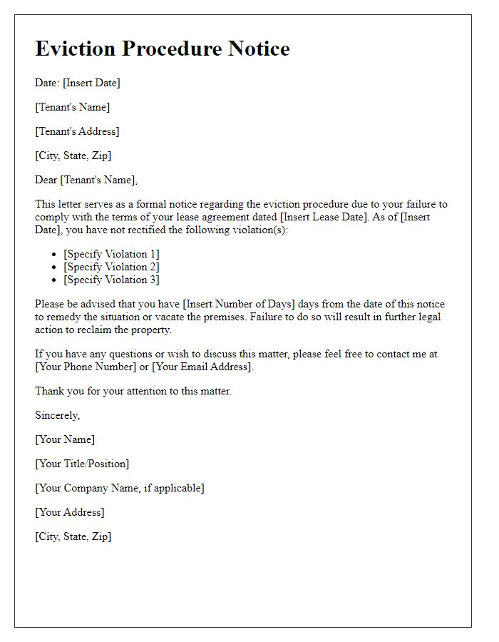 Letter template of eviction procedure notice for failure to comply