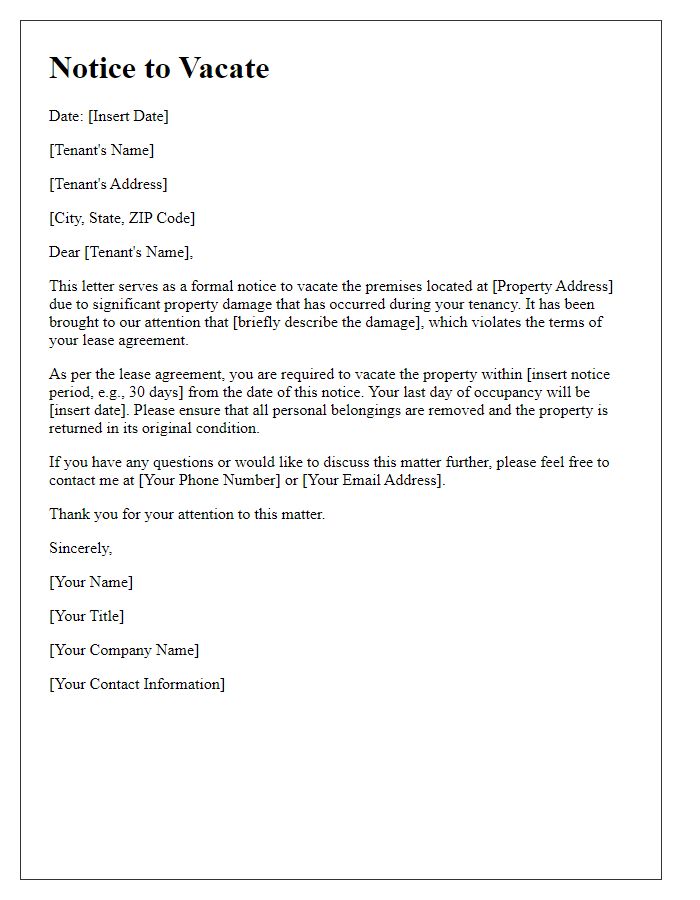 Letter template of notice to vacate for property damage