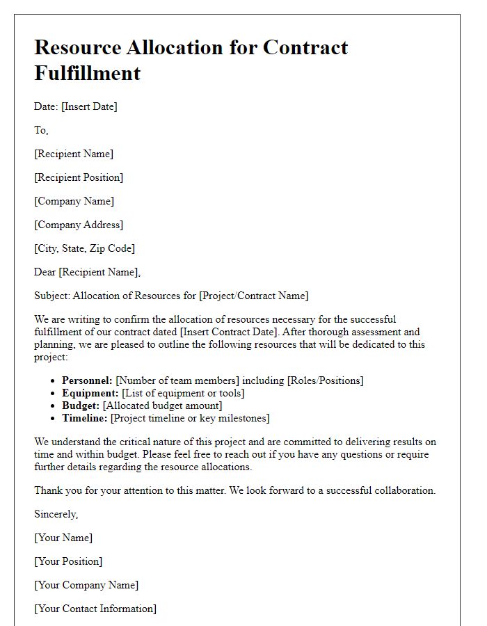 Letter template of allocation of resources for contract fulfillment