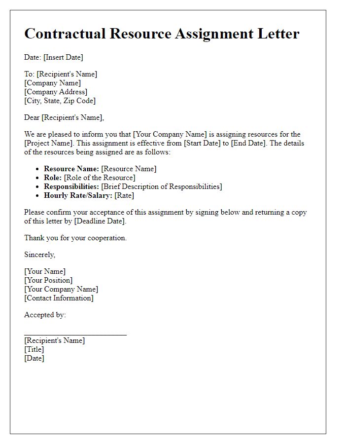 Letter template of contractual resource assignment