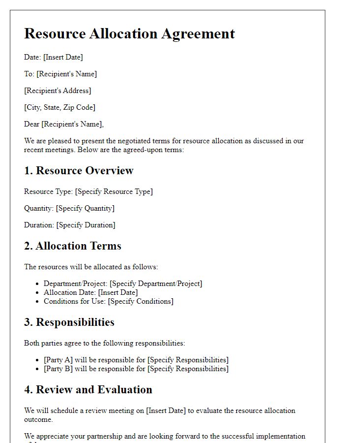 Letter template of negotiated resource allocation terms