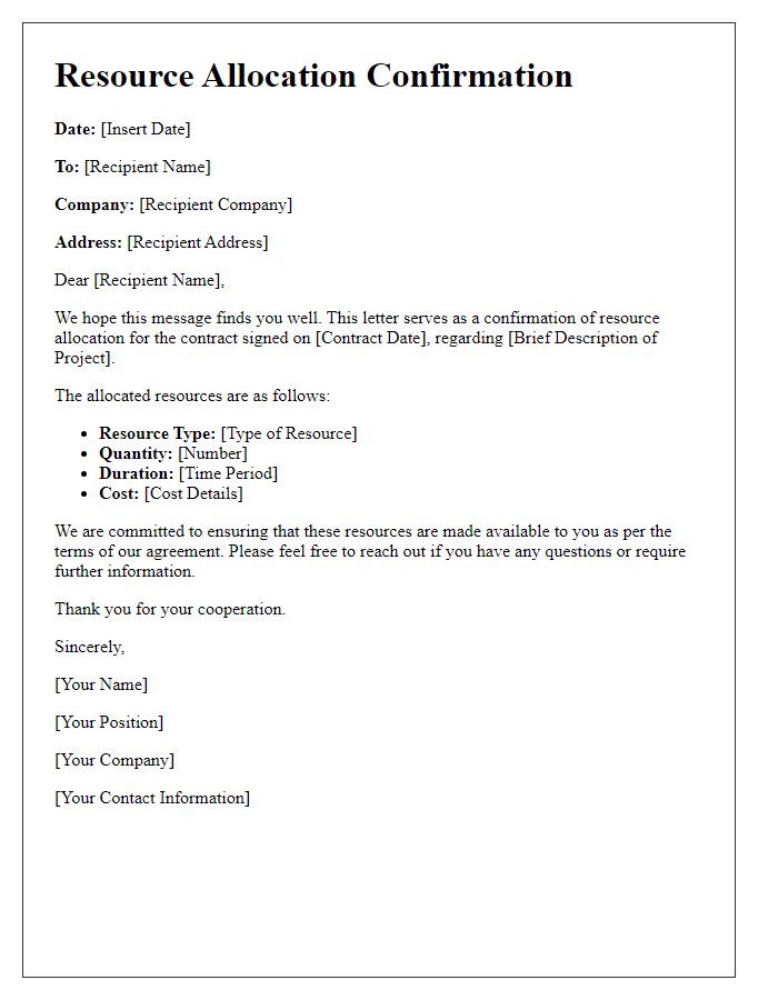 Letter template of resource allocation confirmation for contracts