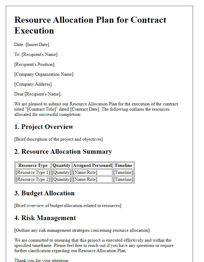 Letter template of resource allocation plan for contract execution