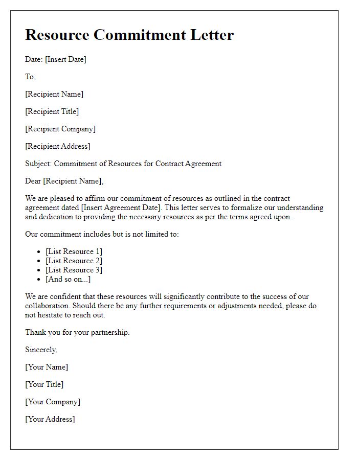 Letter template of resource commitment in contract agreements