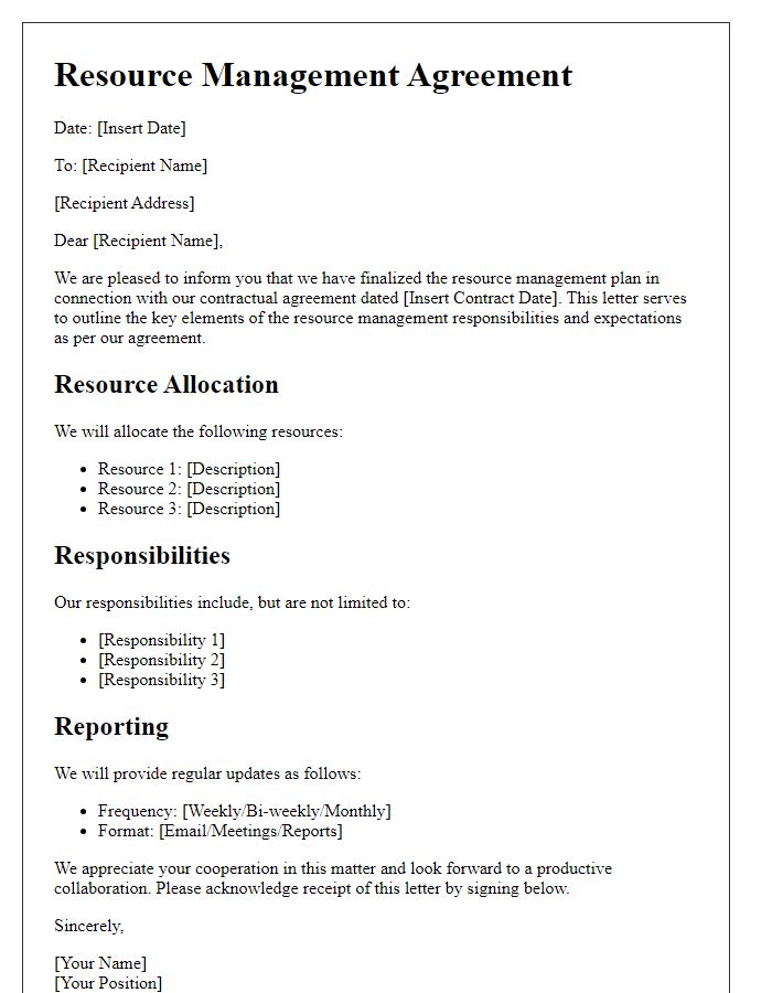 Letter template of resource management in contractual agreements