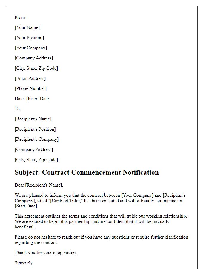 Letter template of contract commencement notification.