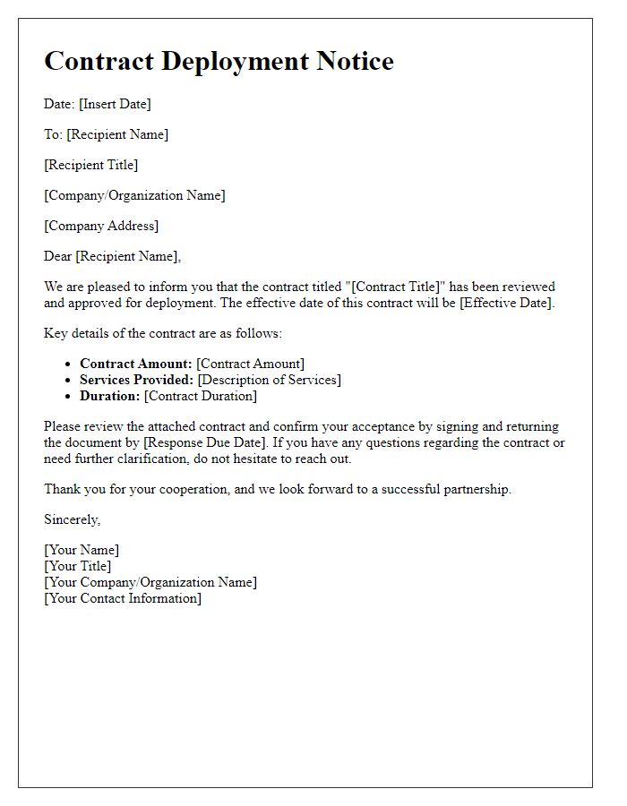 Letter template of contract deployment notice.