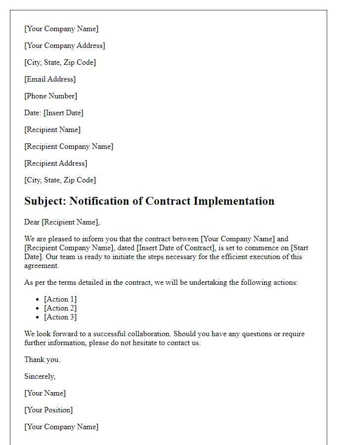 Letter template of contract implementation notification.