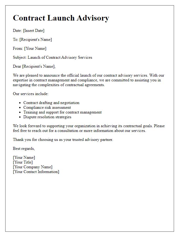 Letter template of contract launch advisory.