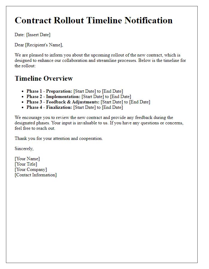 Letter template of contract rollout timeline communication.