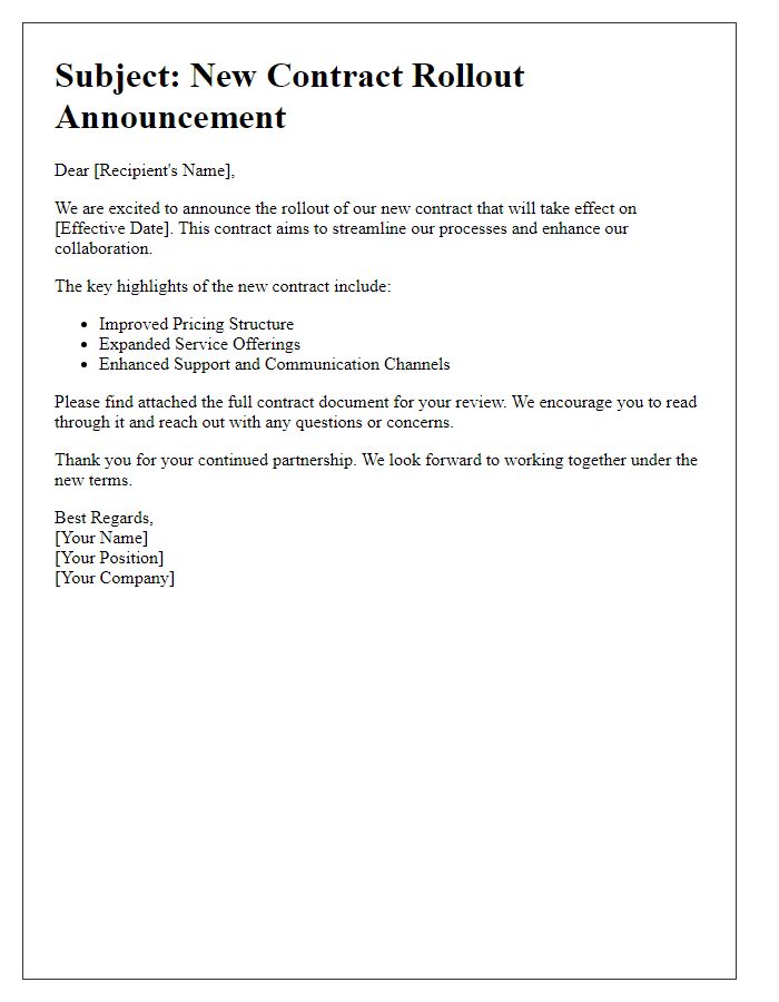 Letter template of new contract rollout communication.