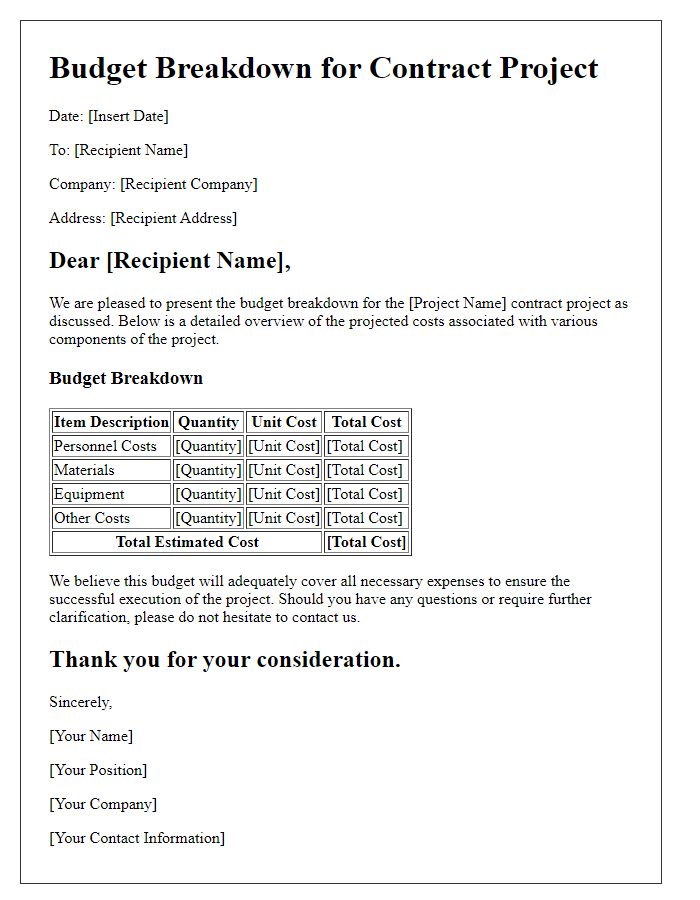 Letter template of budget breakdown for contract project