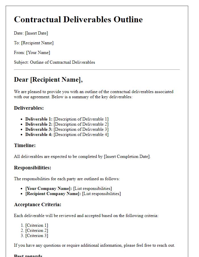 Letter template of contractual deliverables outline