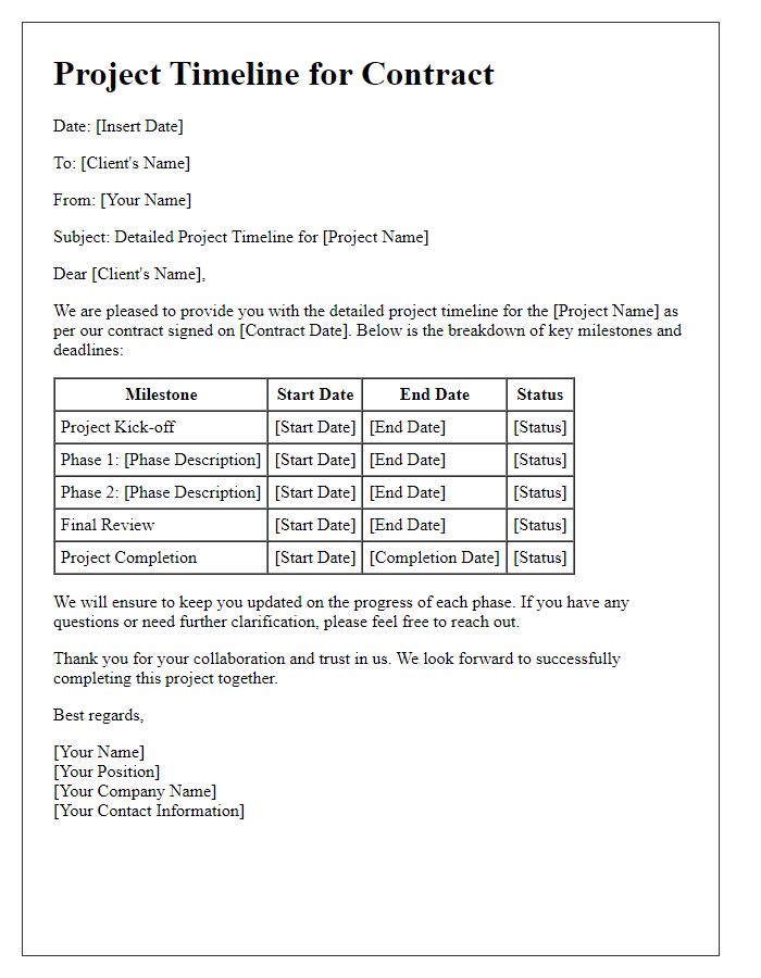 Letter template of detailed project timeline for contracts