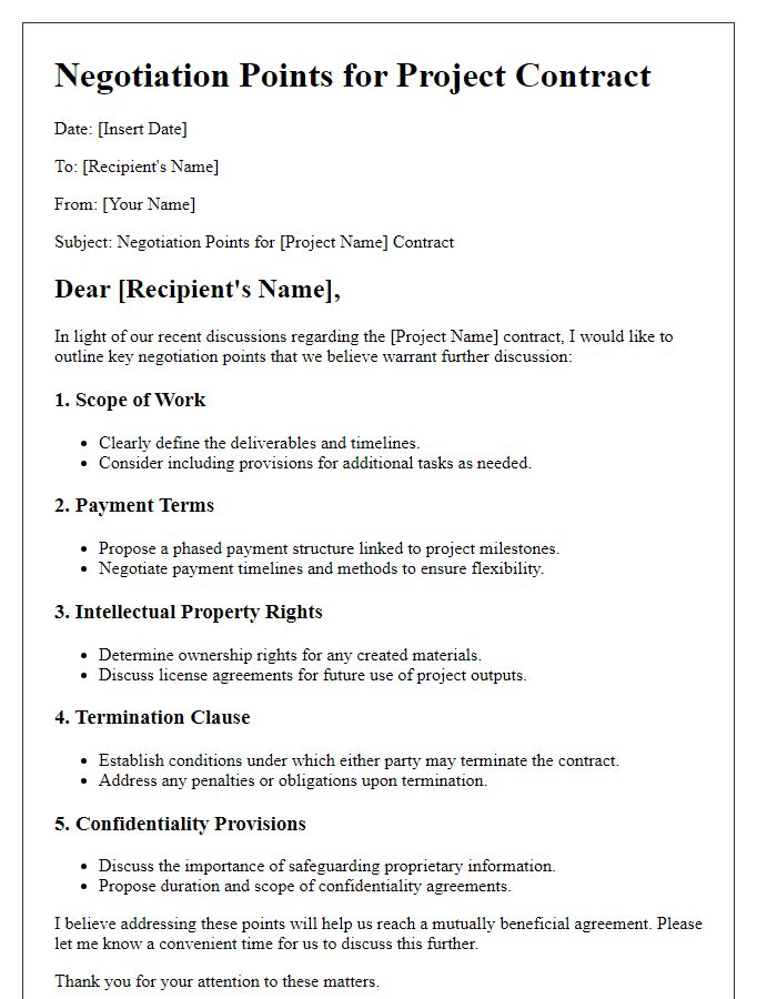 Letter template of negotiation points for project contract