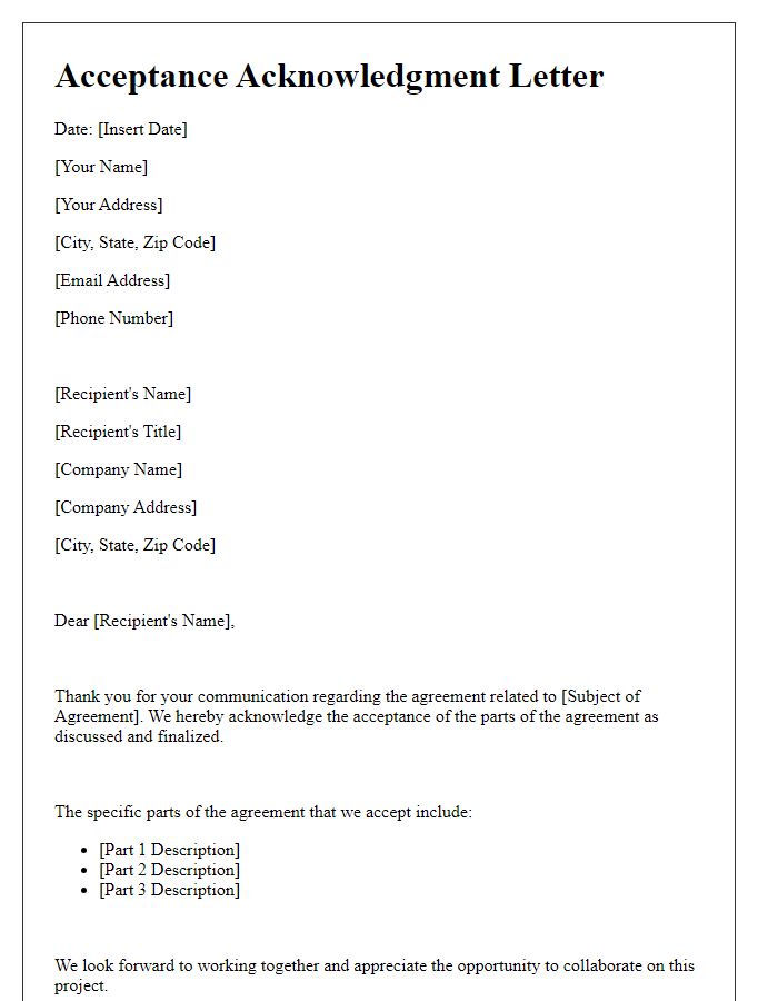 Letter template of Acceptance Acknowledgment for Agreement Parts