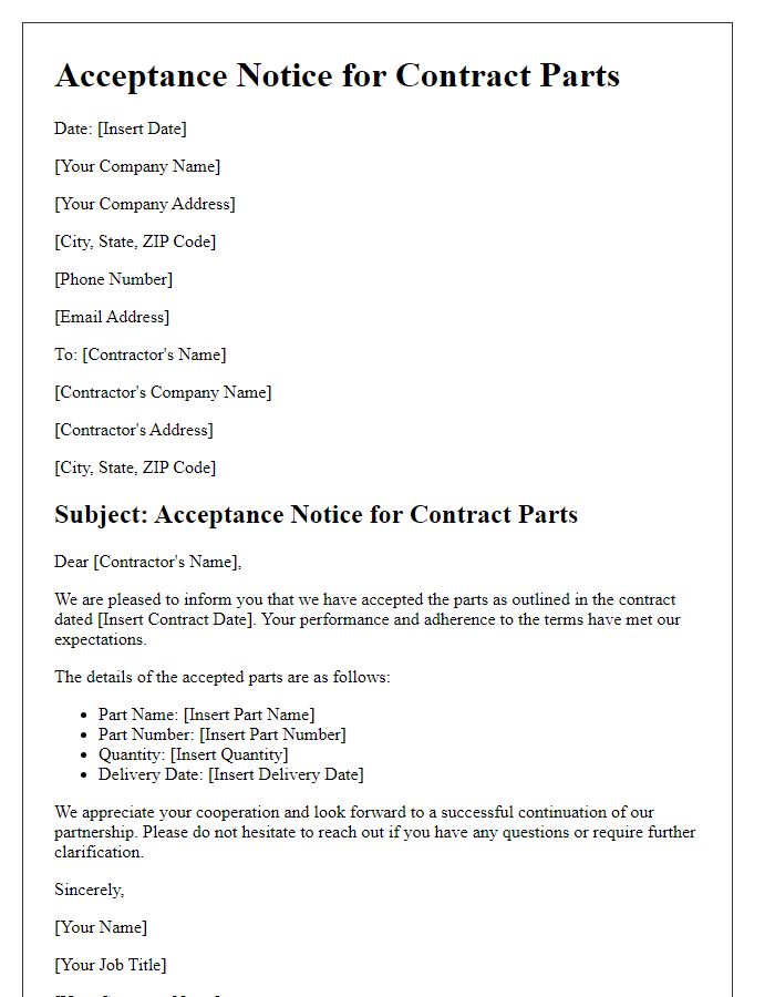 Letter template of Acceptance Notice for Contract Parts