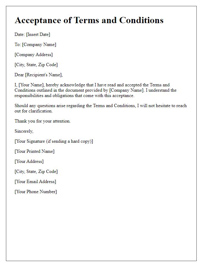 Letter template of Acceptance of Terms and Conditions