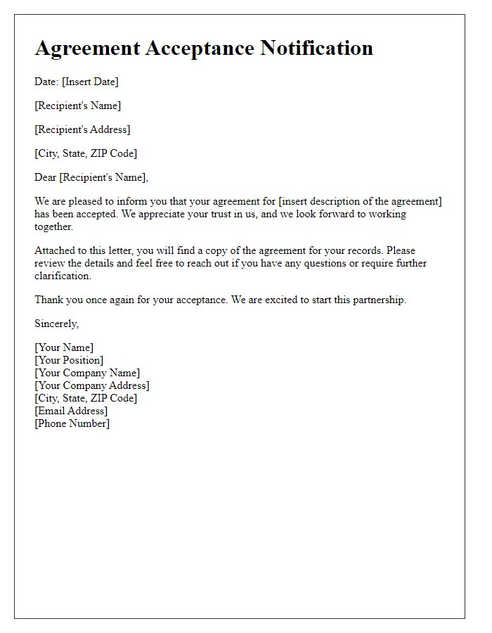Letter template of Agreement Acceptance Notification