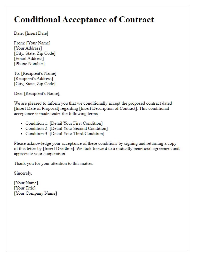 Letter template of Conditional Acceptance of Contract