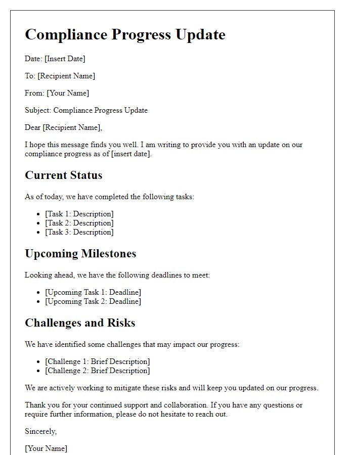 Letter template of compliance progress update