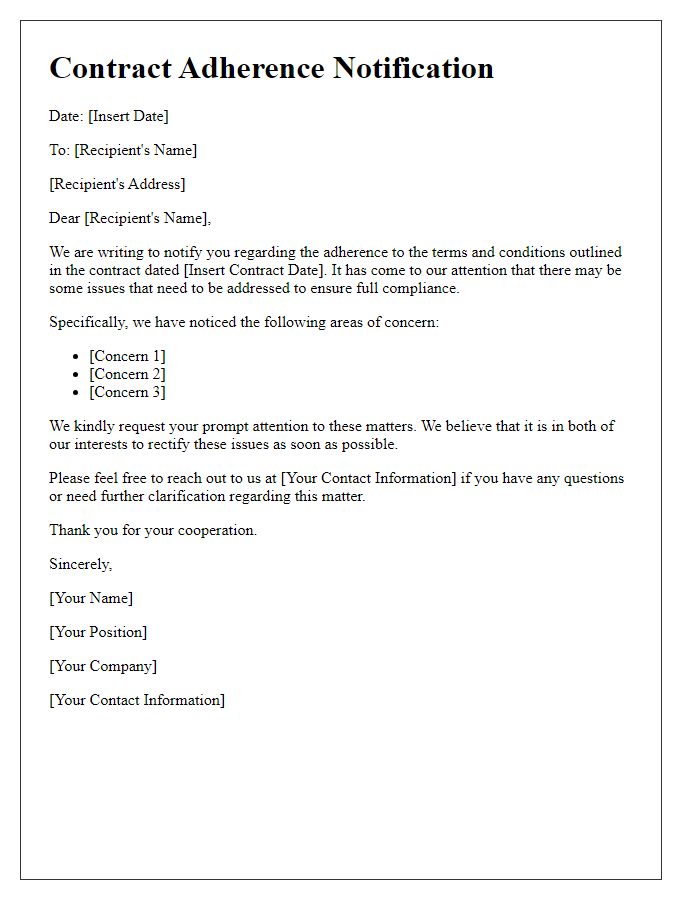 Letter template of contract adherence notification