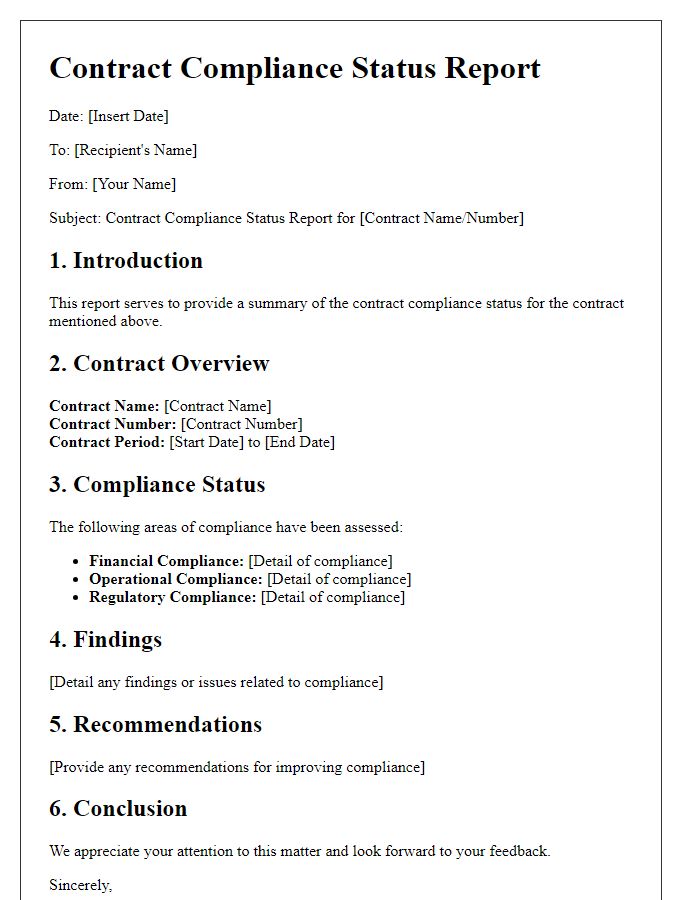 Letter template of contract compliance status report