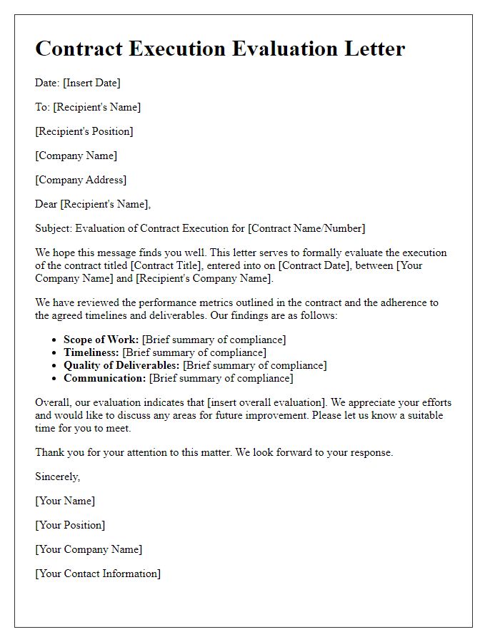 Letter template of contract execution evaluation