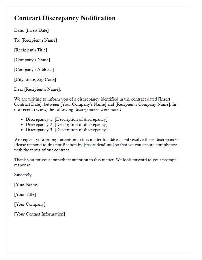 Letter template of Contract Discrepancy Notification