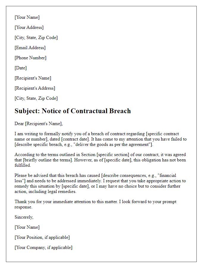 Letter template of Notice of Contractual Breach