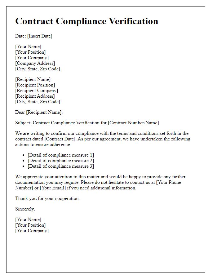 Letter template of contract compliance verification