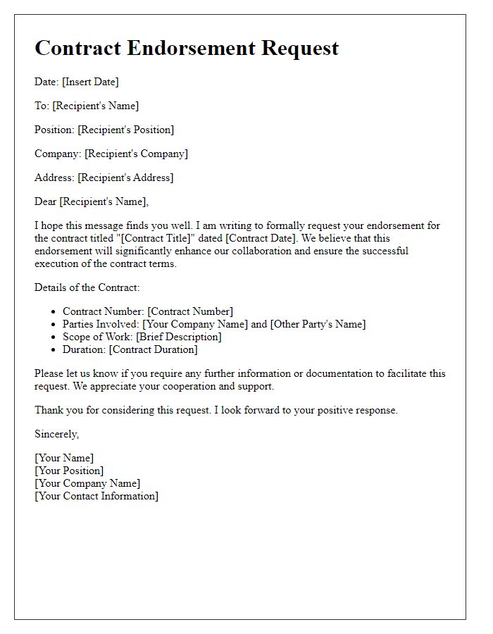 Letter template of contract endorsement request