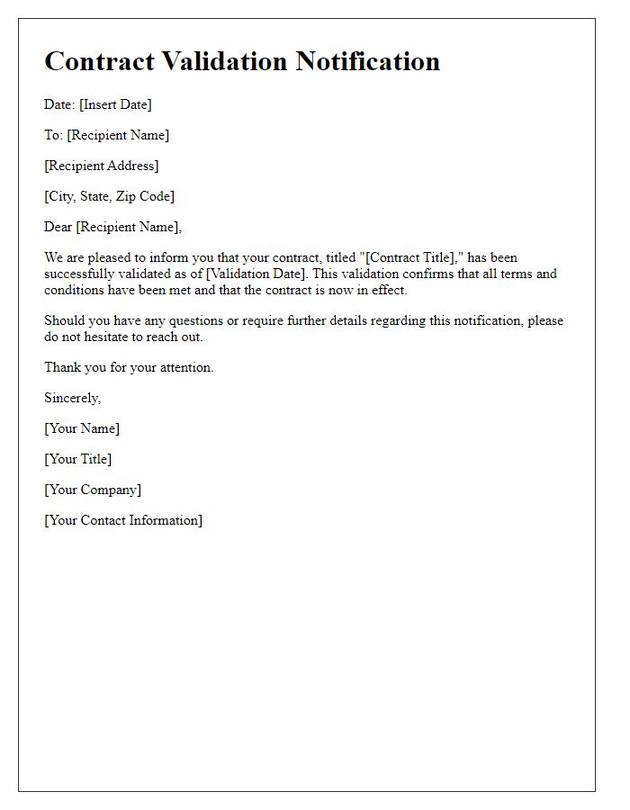 Letter template of contract validation notification