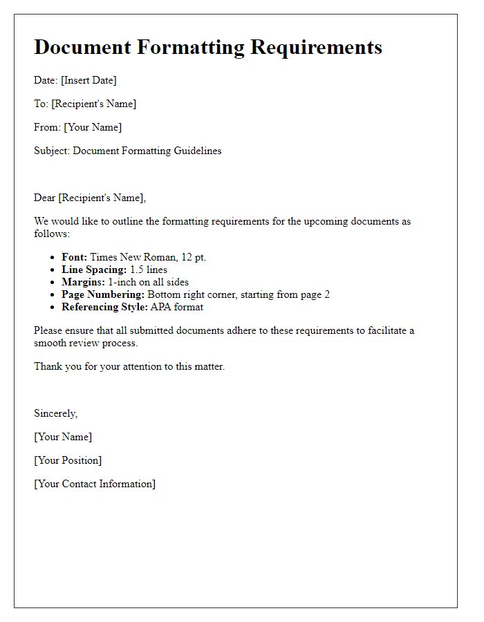 Letter template of document formatting requirements