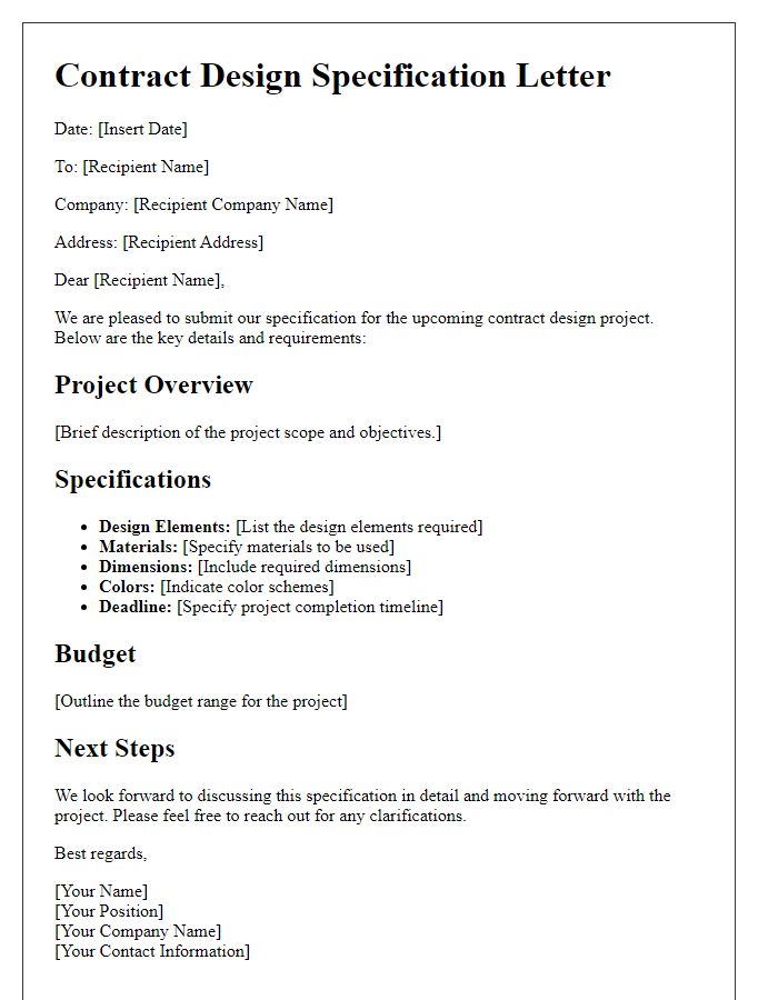 Letter template of specification for contract design