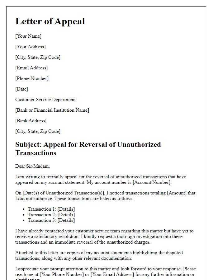 Letter template of appeal for reversal of unauthorized transactions.