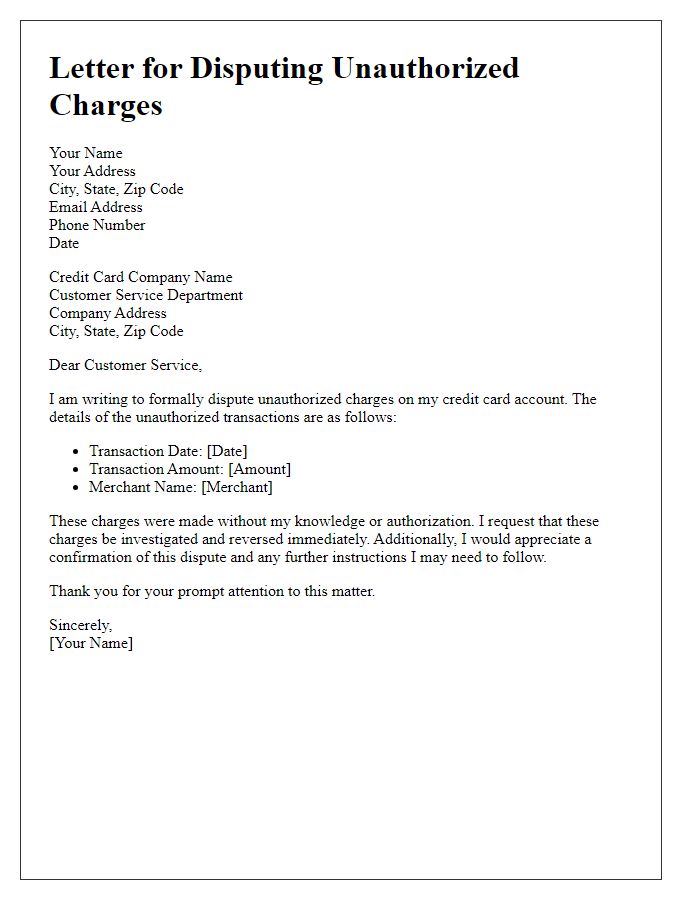 Letter template of notice for disputing unauthorized charges.