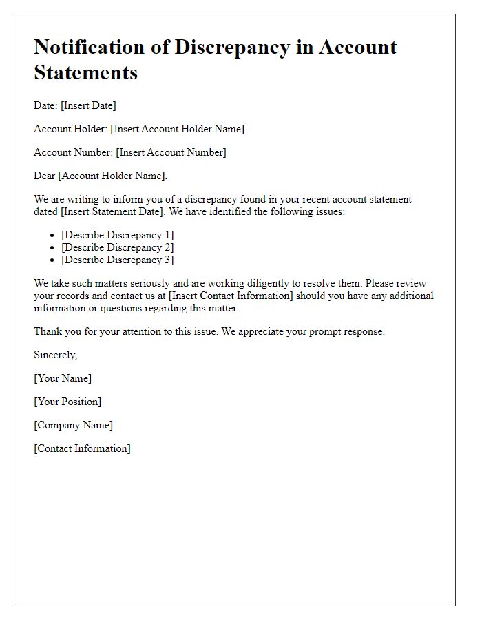 Letter template of notification for discrepancies in account statements.