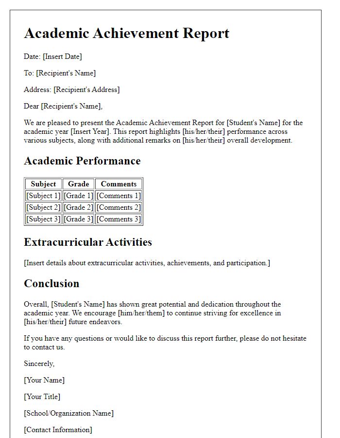 Letter template of academic achievement report