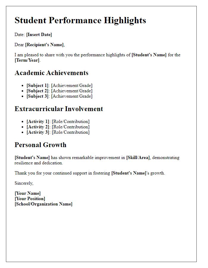 Letter template of student performance highlights