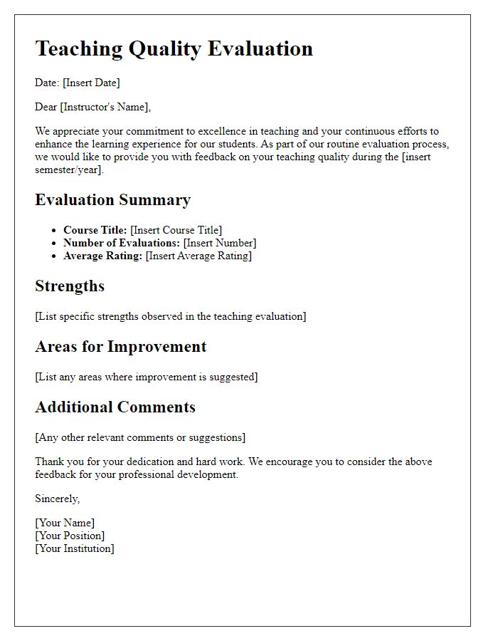 Letter template of teaching quality evaluation